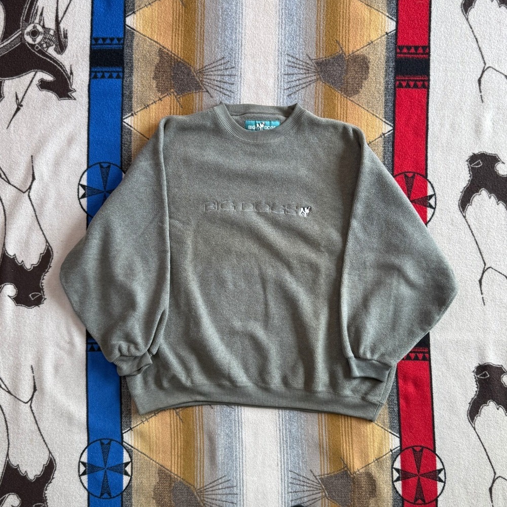 Vintage Big Dogs Fleece Sweatshirt Mens 2XL Green Embroidered Logo Pullover 90s
